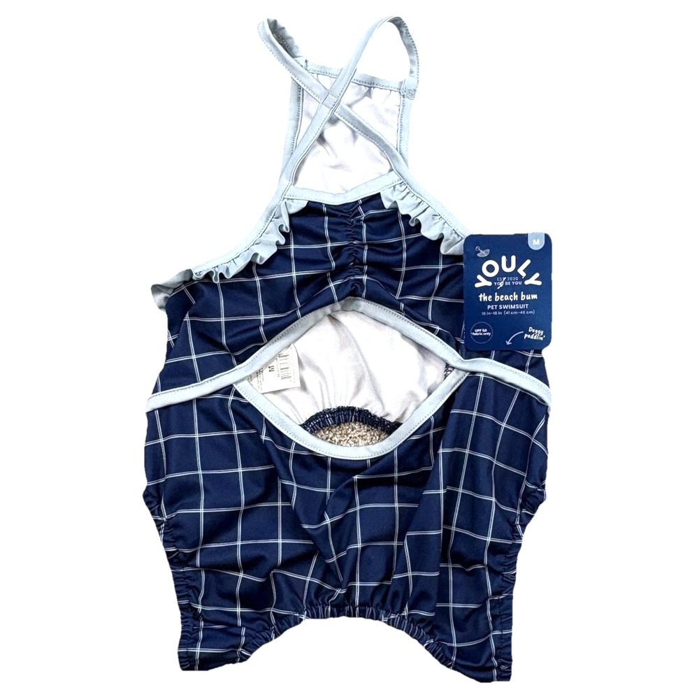YOULY Dog Bathing Suit Swimsuit‎ Girl Size M Blue Check Ruffles 16-18" Beach Bum